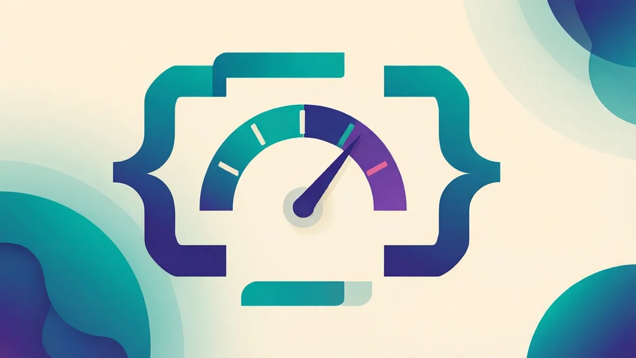 Editorial illustration of clean schema/code brackets and a page-speed gauge motif, representing advanced on page seo, in teal and violet on a cream background.