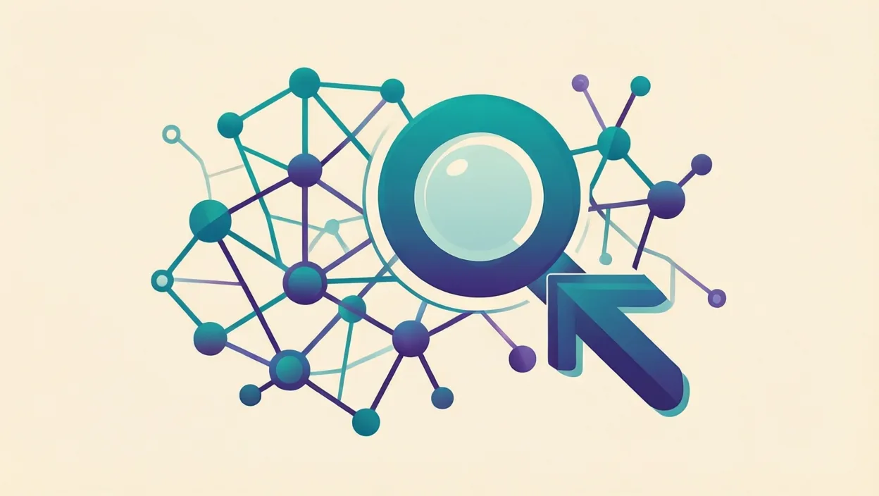 Editorial illustration of interlocking neural-network nodes and a search/answer glyph, representing ai search optimization, in teal and violet on a cream background.