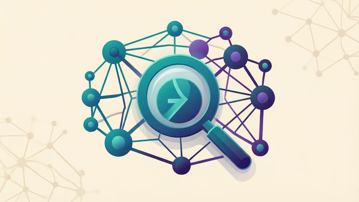 Editorial illustration of interlocking neural-network nodes and a search/answer glyph, representing ai seo agencies, in teal and violet on a cream background.