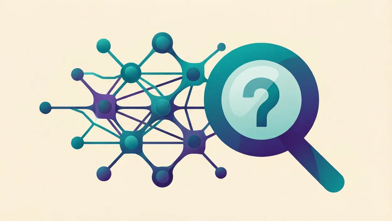 Editorial illustration of interlocking neural-network nodes and a search/answer glyph, representing ai seo optimization, in teal and violet on a cream background.