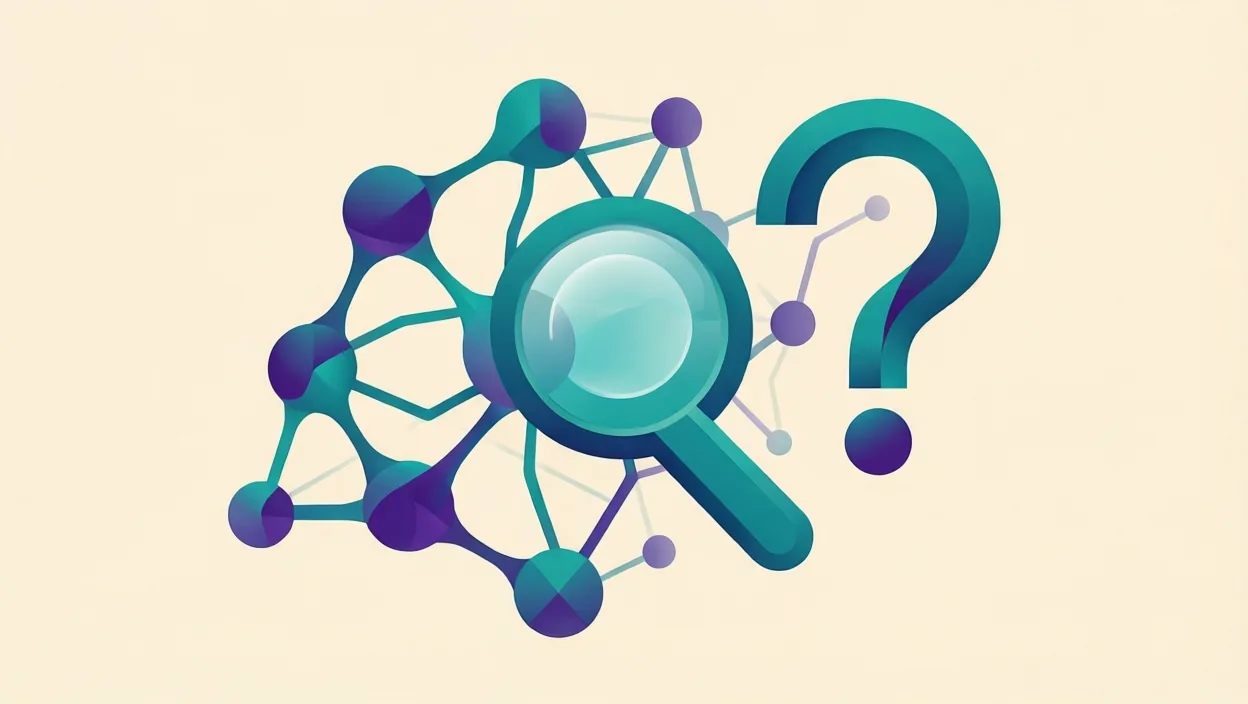 Editorial illustration of interlocking neural-network nodes and a search/answer glyph, representing ai seo, in teal and violet on a cream background.