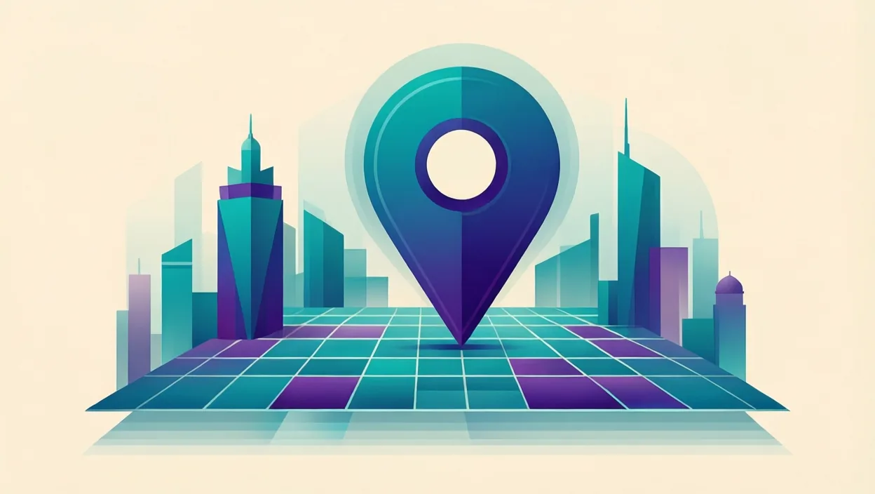 Editorial illustration of a stylised map pin over an abstract Indian city skyline grid, representing best ai seo agencies in india, in teal and violet on a cream background.