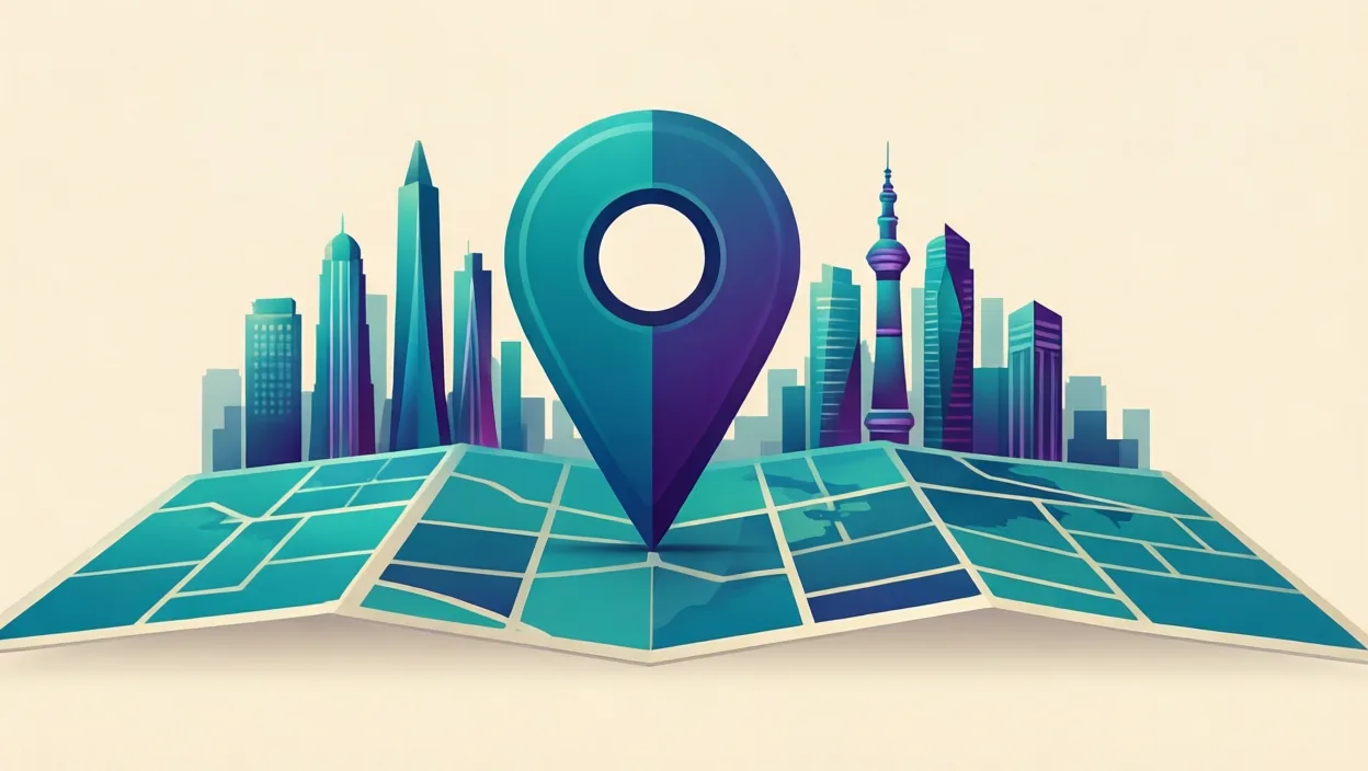 Editorial illustration of a stylised map pin over an abstract Indian city skyline grid, representing best content marketing agencies in india, in teal and violet on a cream background.
