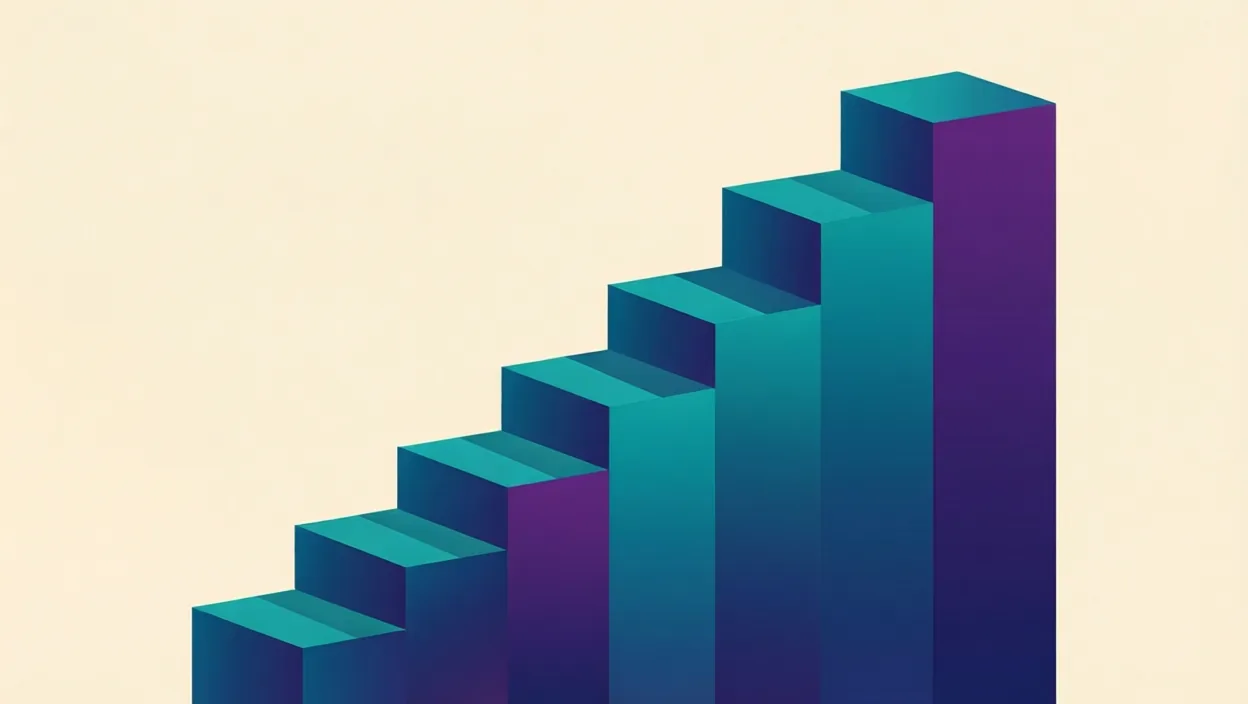 Editorial illustration of layered building blocks forming an upward ranking staircase, representing best ecommerce seo agency, in teal and violet on a cream background.