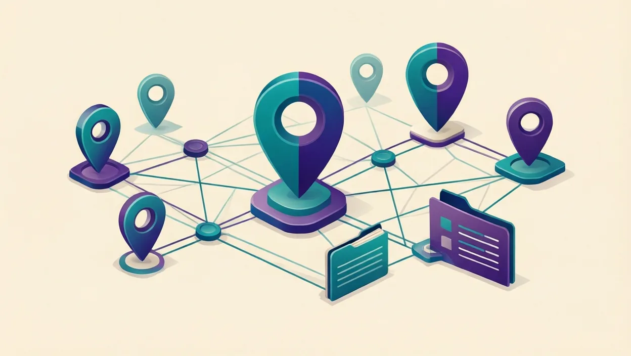 Editorial illustration of a network of connected location pins and directory cards, representing best local seo companies, in teal and violet on a cream background.