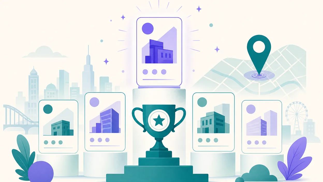 Editorial illustration of a trophy and business listing cards on a podium with a map pin, representing the best marketing agency in barrackpore, in teal and violet on a cream background.