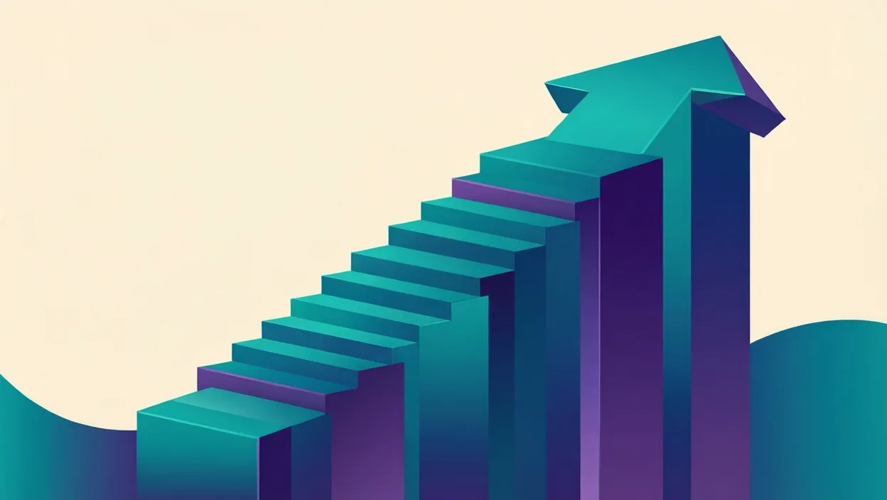 Editorial illustration of layered building blocks forming an upward ranking staircase, representing the best seo agency in barrackpore, in teal and violet on a cream background.