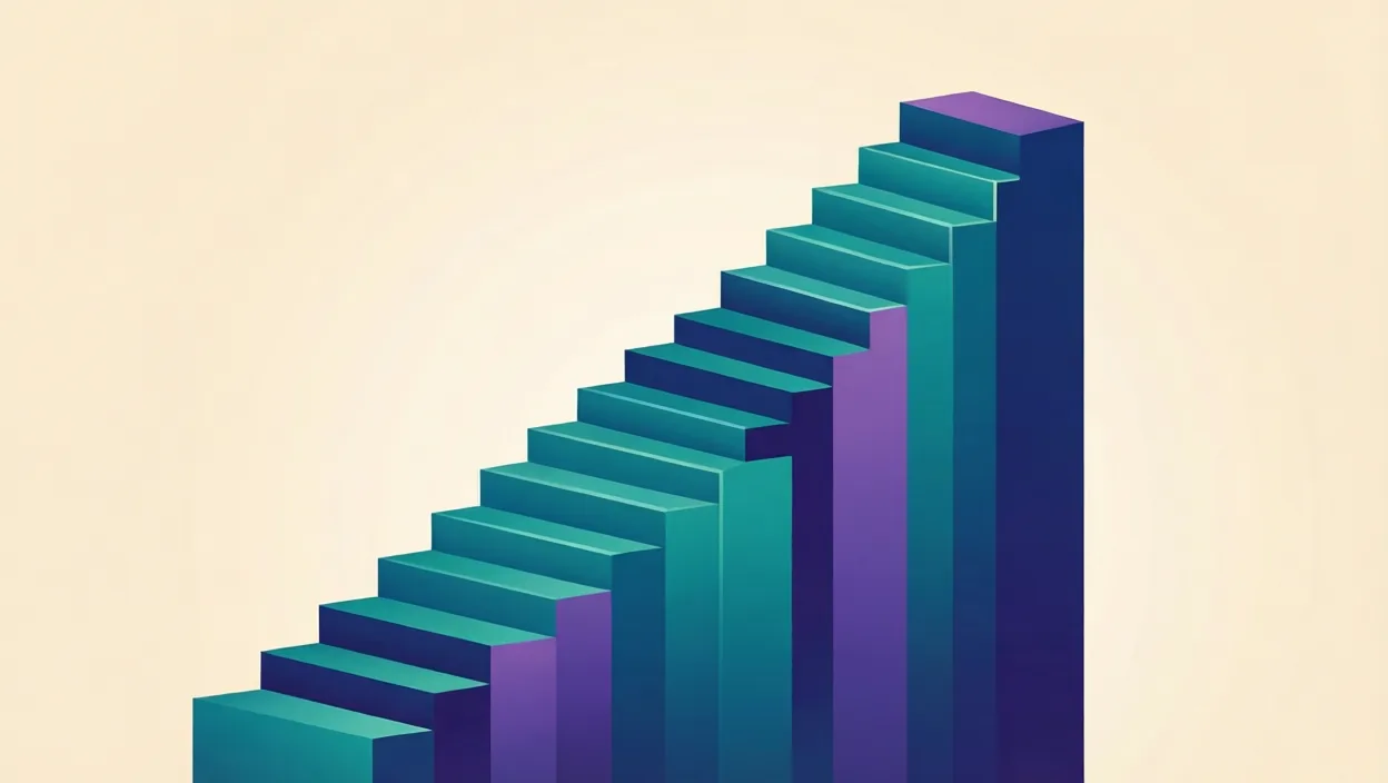 Editorial illustration of layered building blocks forming an upward ranking staircase, representing best seo services bangalore, in teal and violet on a cream background.