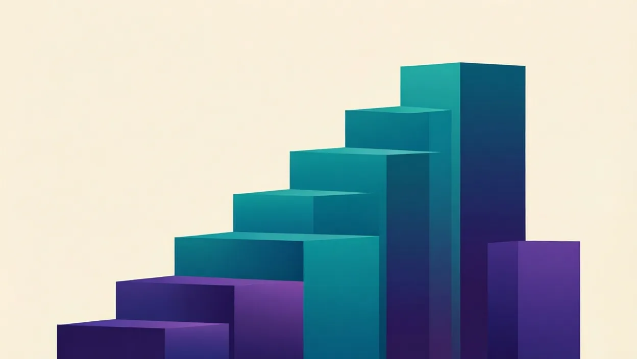 Editorial illustration of layered building blocks forming an upward ranking staircase, representing best seo services delhi, in teal and violet on a cream background.