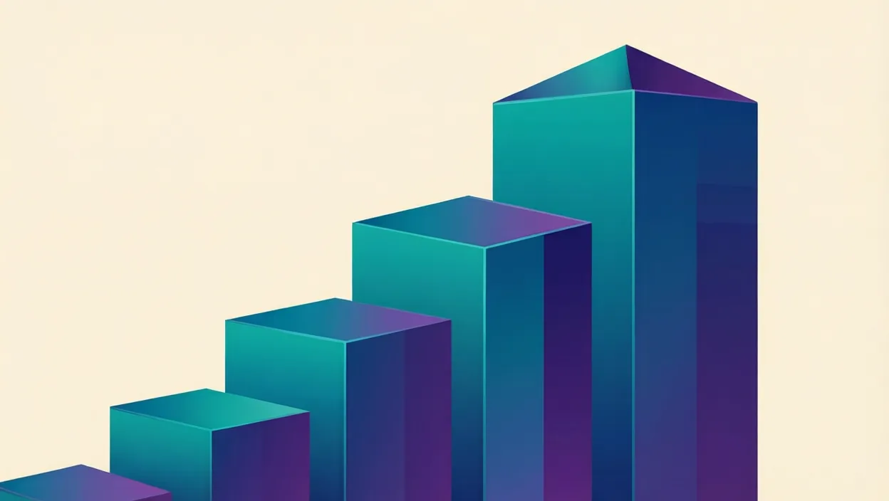 Editorial illustration of layered building blocks forming an upward ranking staircase, representing best seo services in noida, in teal and violet on a cream background.