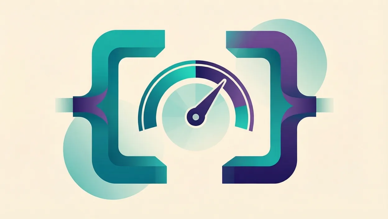 Editorial illustration of clean schema/code brackets and a page-speed gauge motif, representing checklist for on page seo, in teal and violet on a cream background.