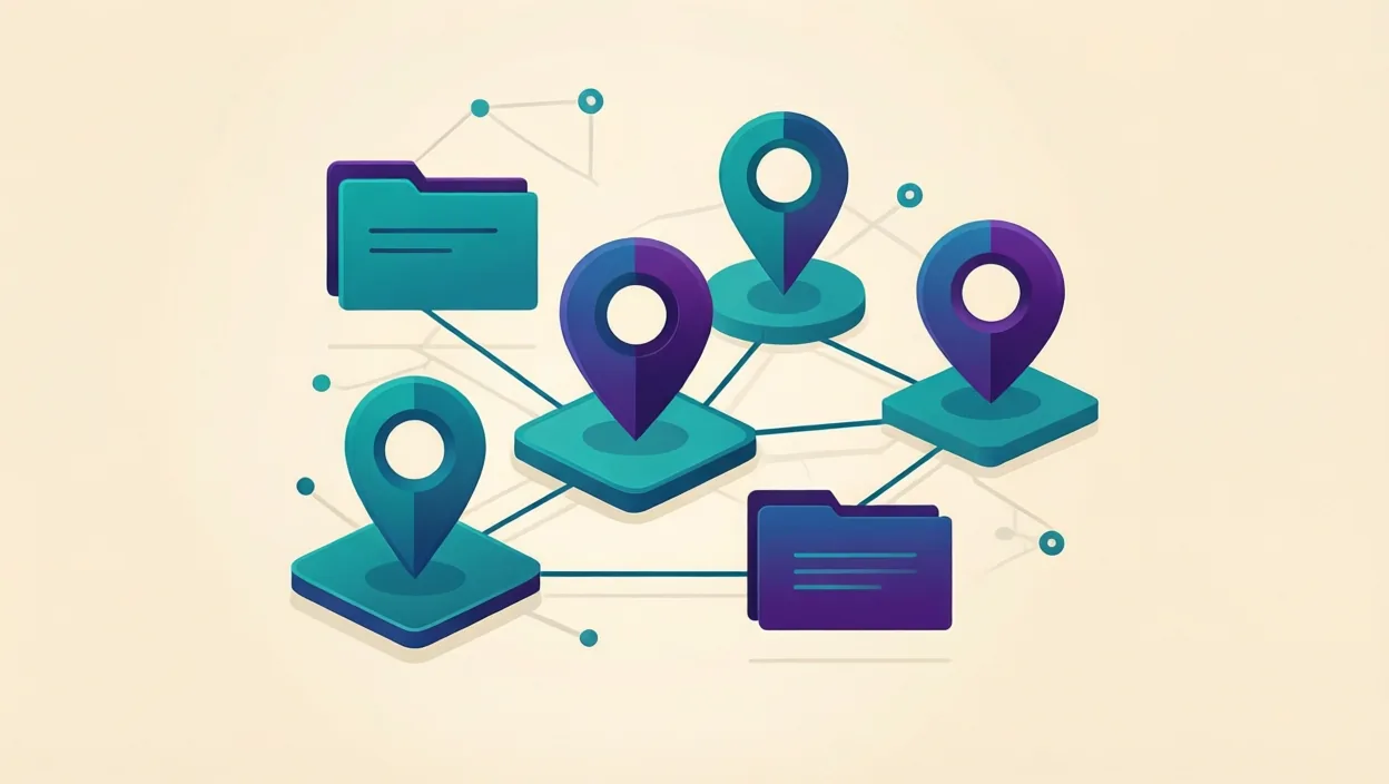 Editorial illustration of a network of connected location pins and directory cards, representing citation builder apa free, in teal and violet on a cream background.