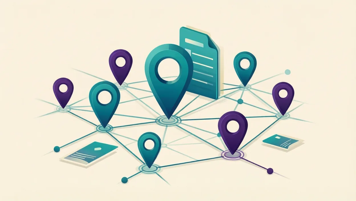 Editorial illustration of a network of connected location pins and directory cards, representing citation for local seo, in teal and violet on a cream background.