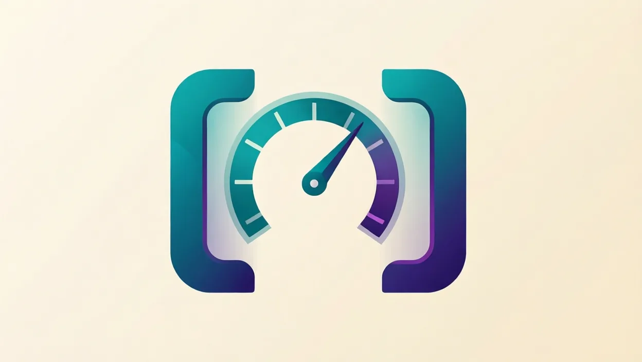 Editorial illustration of clean schema/code brackets and a page-speed gauge motif, representing core web vitals check, in teal and violet on a cream background.