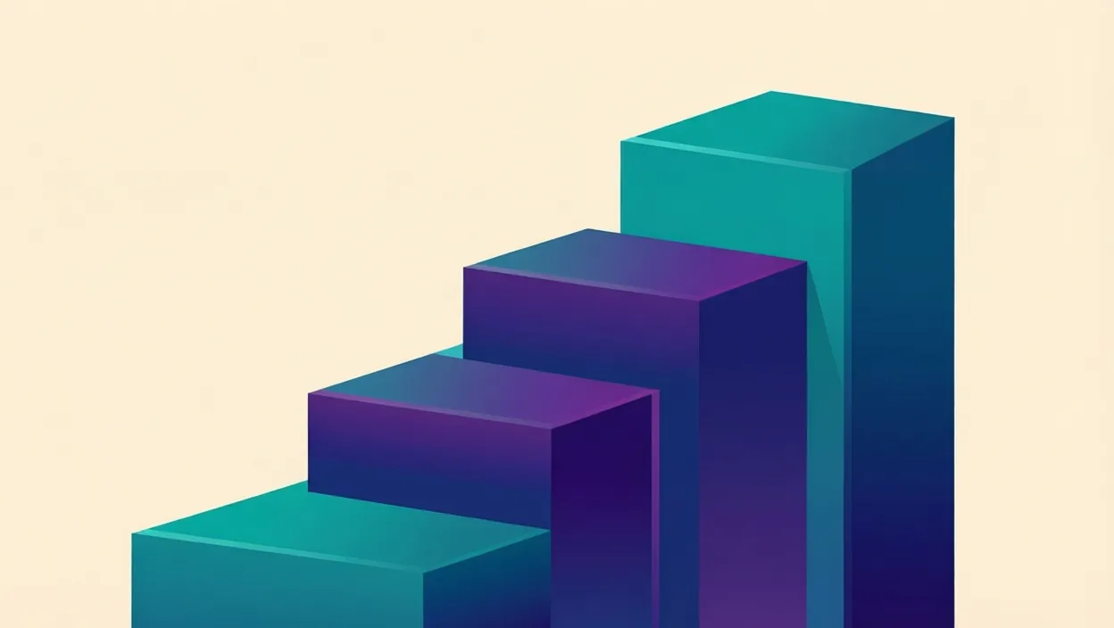 Editorial illustration of layered building blocks forming an upward ranking staircase, representing free seo audit online, in teal and violet on a cream background.