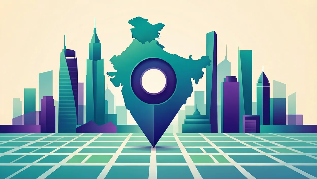 Editorial illustration of a stylised map pin over an abstract Indian city skyline grid, representing freelance seo services in kolkata, in teal and violet on a cream background.