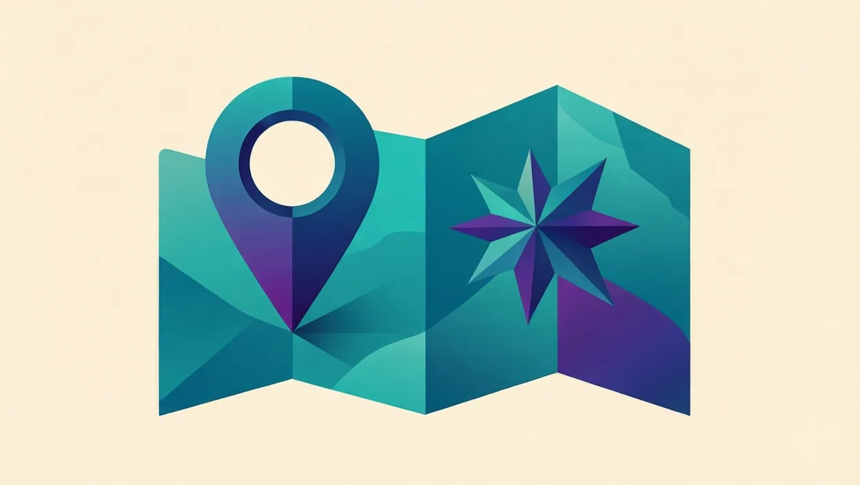 Editorial illustration of an abstract map-pack card with a location marker and star motif, representing google business profile optimization, in teal and violet on a cream background.
