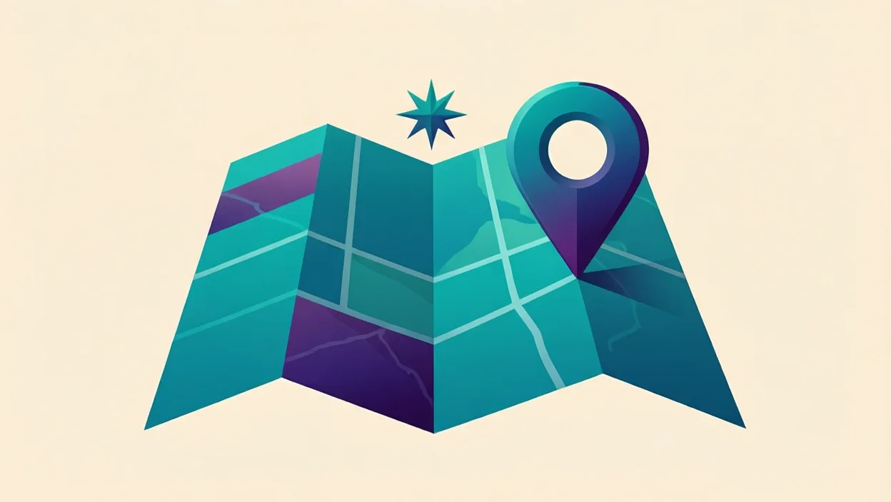 Editorial illustration of an abstract map-pack card with a location marker and star motif, representing google business profile post, in teal and violet on a cream background.