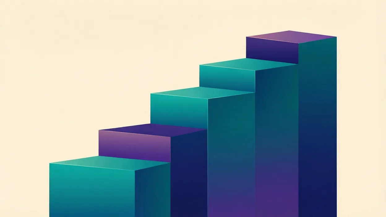 Editorial illustration of layered building blocks forming an upward ranking staircase, representing google keyword research tools, in teal and violet on a cream background.