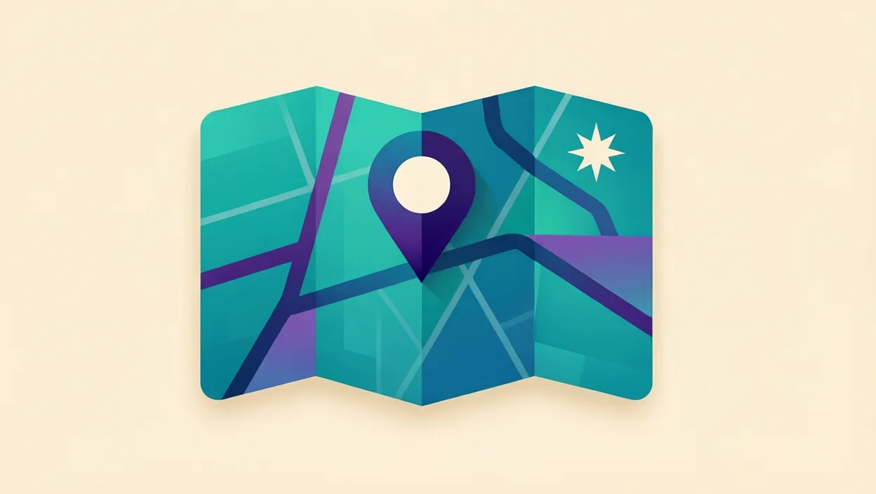 Editorial illustration of an abstract map-pack card with a location marker and star motif, representing google maps seo near me, in teal and violet on a cream background.