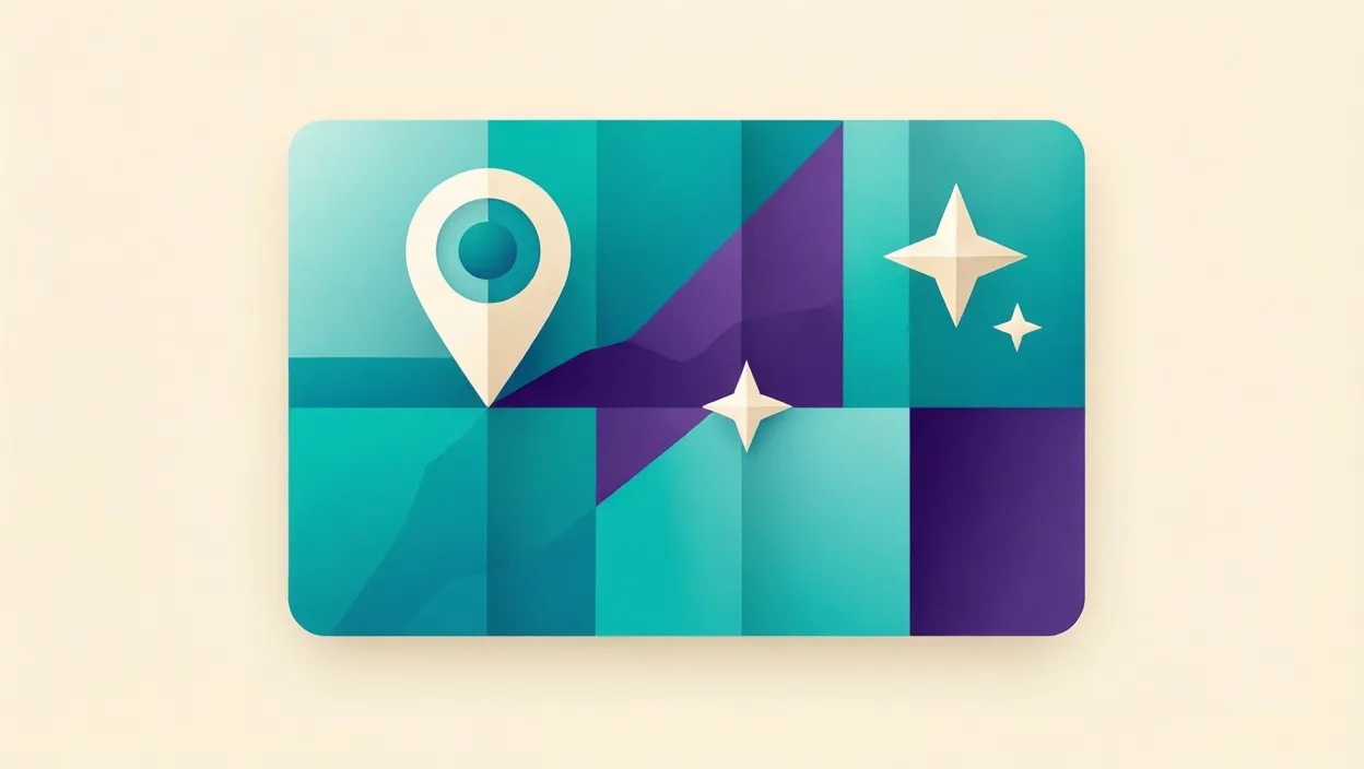 Editorial illustration of an abstract map-pack card with a location marker and star motif, representing google my business optimization services, in teal and violet on a cream background.