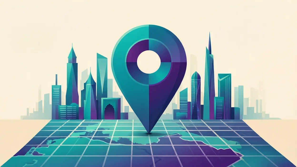 Editorial illustration of a stylised map pin over an abstract Indian city skyline grid, representing how much does seo cost in india, in teal and violet on a cream background.