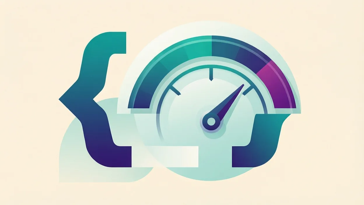 Editorial illustration of clean schema/code brackets and a page-speed gauge motif, representing how to check on page seo, in teal and violet on a cream background.