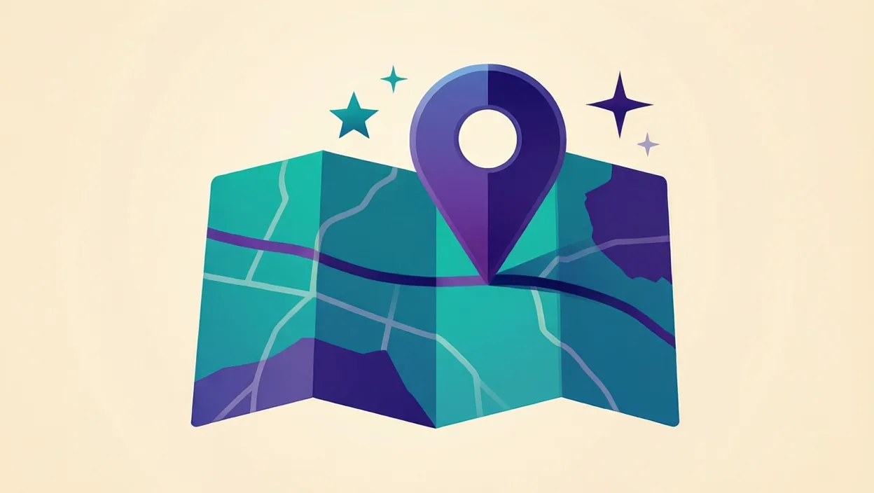 Editorial illustration of an abstract map-pack card with a location marker and star motif, representing how to rank higher on google maps, in teal and violet on a cream background.