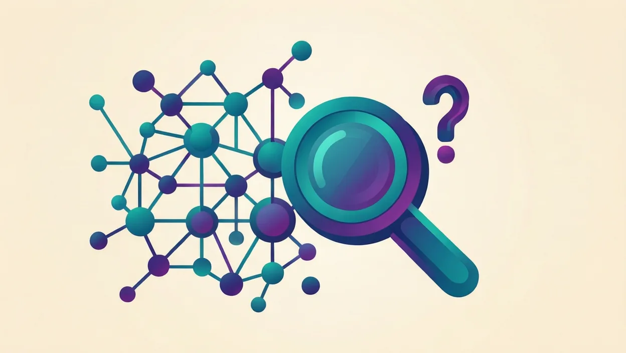 Editorial illustration of interlocking neural-network nodes and a search/answer glyph, representing how to rank in google ai overviews, in teal and violet on a cream background.