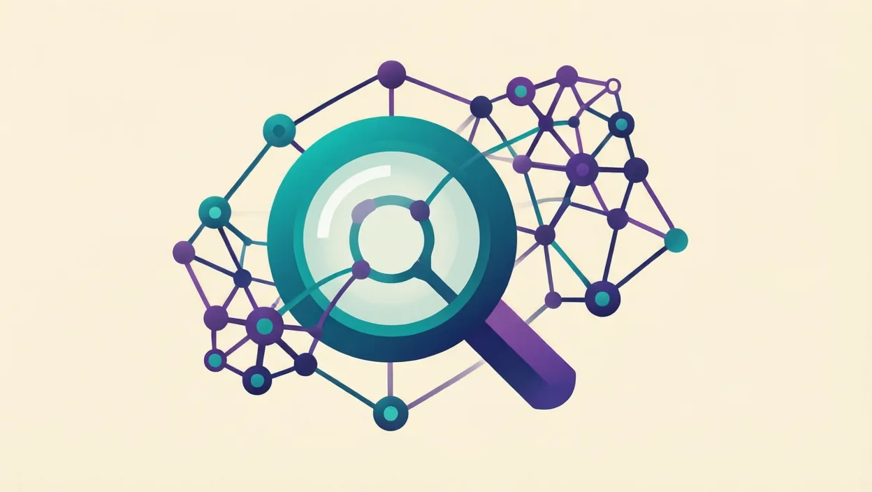 Editorial illustration of interlocking neural-network nodes and a search/answer glyph, representing how to rank on ai overview, in teal and violet on a cream background.