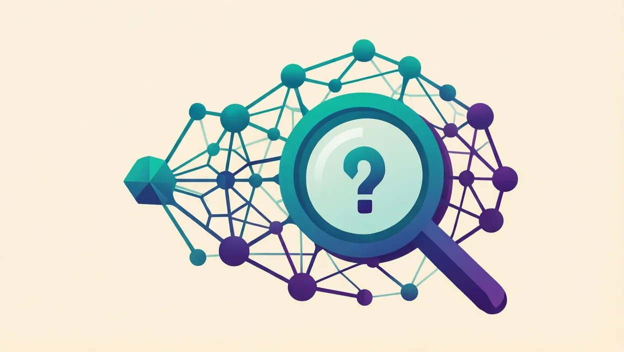Editorial illustration of interlocking neural-network nodes and a search/answer glyph, representing how to rank on chatgpt, in teal and violet on a cream background.