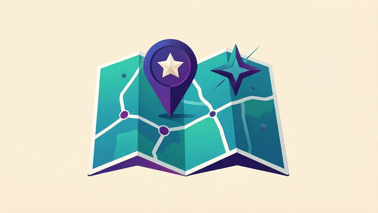 Editorial illustration of an abstract map-pack card with a location marker and star motif, representing how to set up a google business profile, in teal and violet on a cream background.