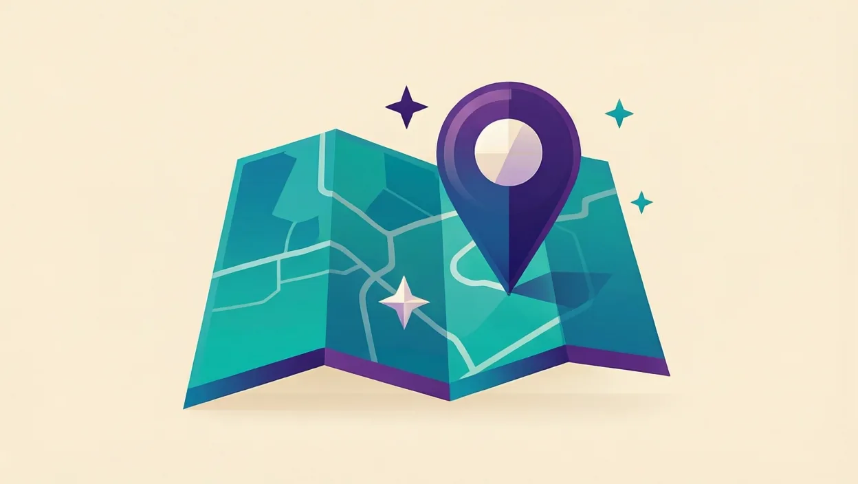 Editorial illustration of an abstract map-pack card with a location marker and star motif, representing is google my business free, in teal and violet on a cream background.