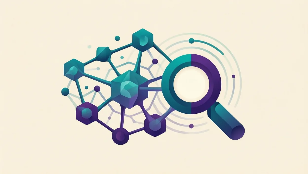 Editorial illustration of interlocking neural-network nodes and a search/answer glyph, representing llm seo, in teal and violet on a cream background.