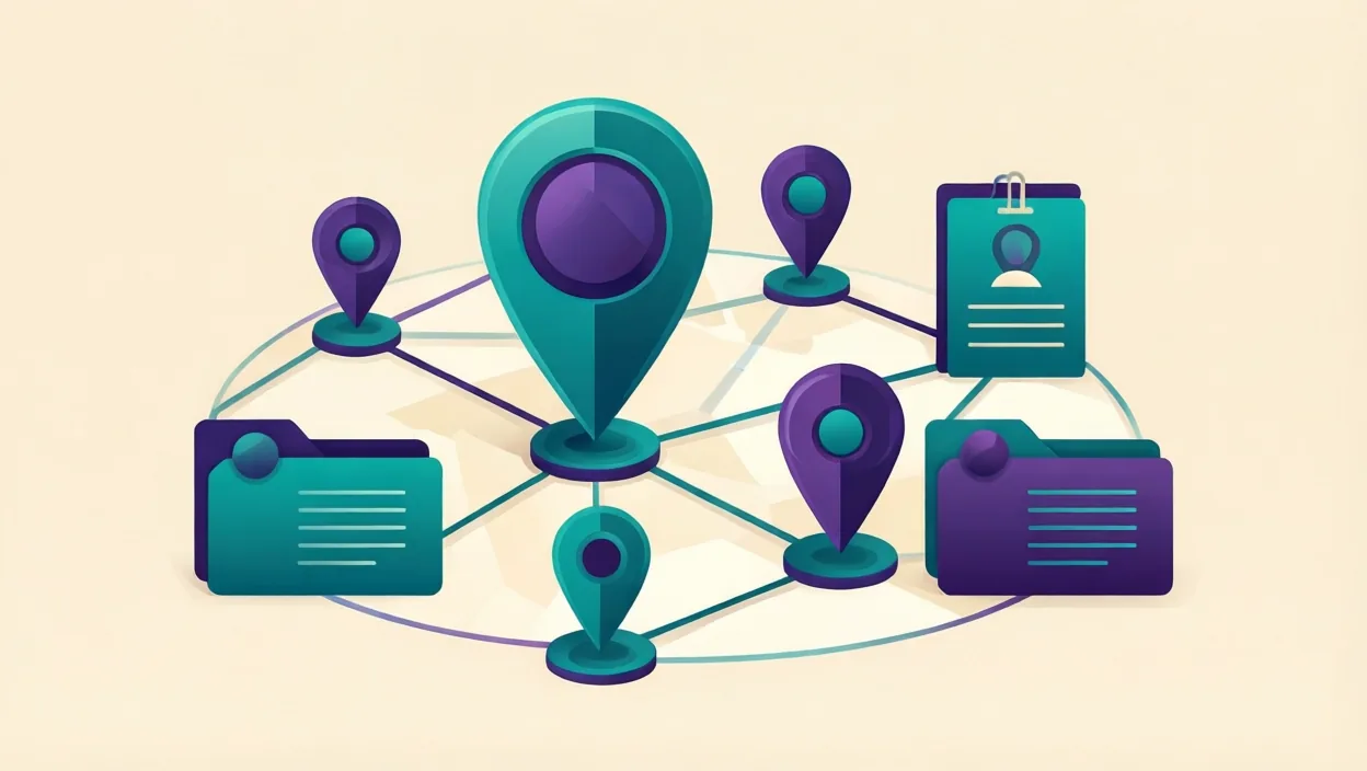 Editorial illustration of a network of connected location pins and directory cards, representing local ranking, in teal and violet on a cream background.