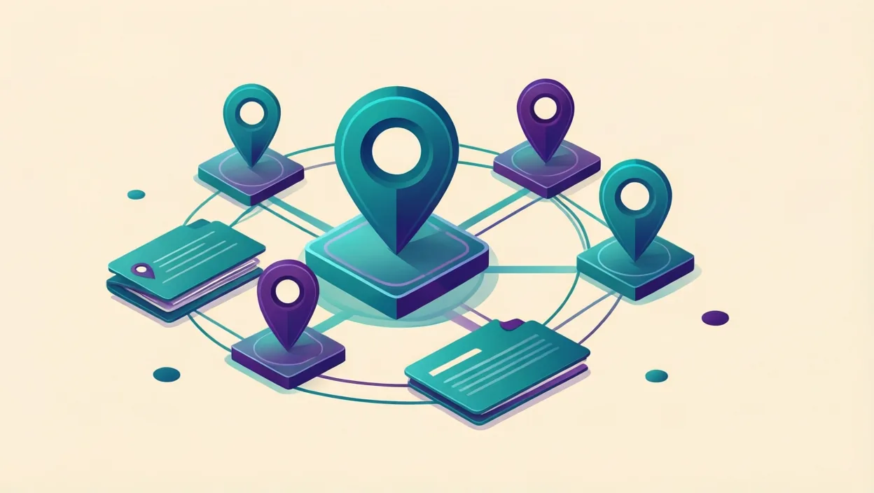 Editorial illustration of a network of connected location pins and directory cards, representing local seo audit, in teal and violet on a cream background.