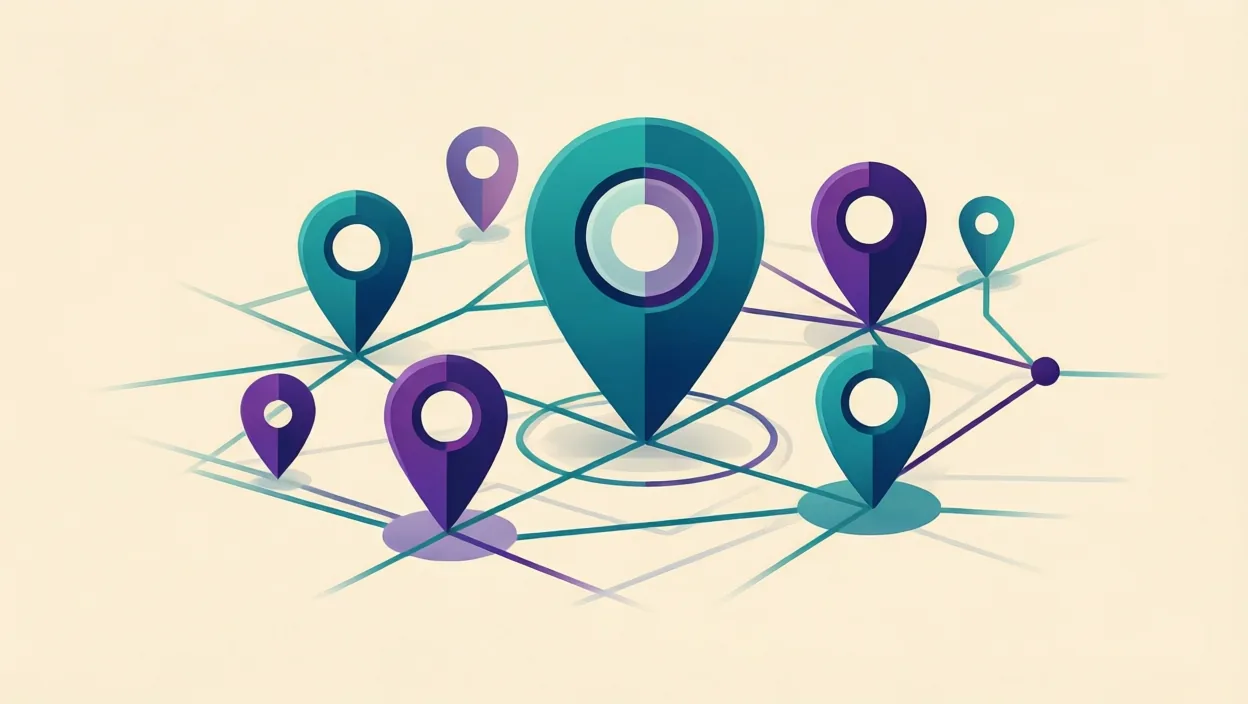 Editorial illustration of a network of connected location pins and directory cards, representing local seo company in delhi, in teal and violet on a cream background.