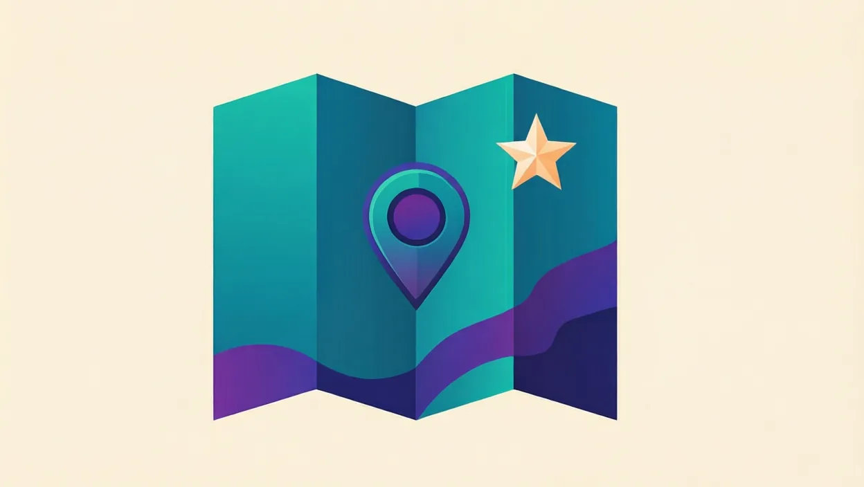 Editorial illustration of an abstract map-pack card with a location marker and star motif, representing local seo google my business, in teal and violet on a cream background.