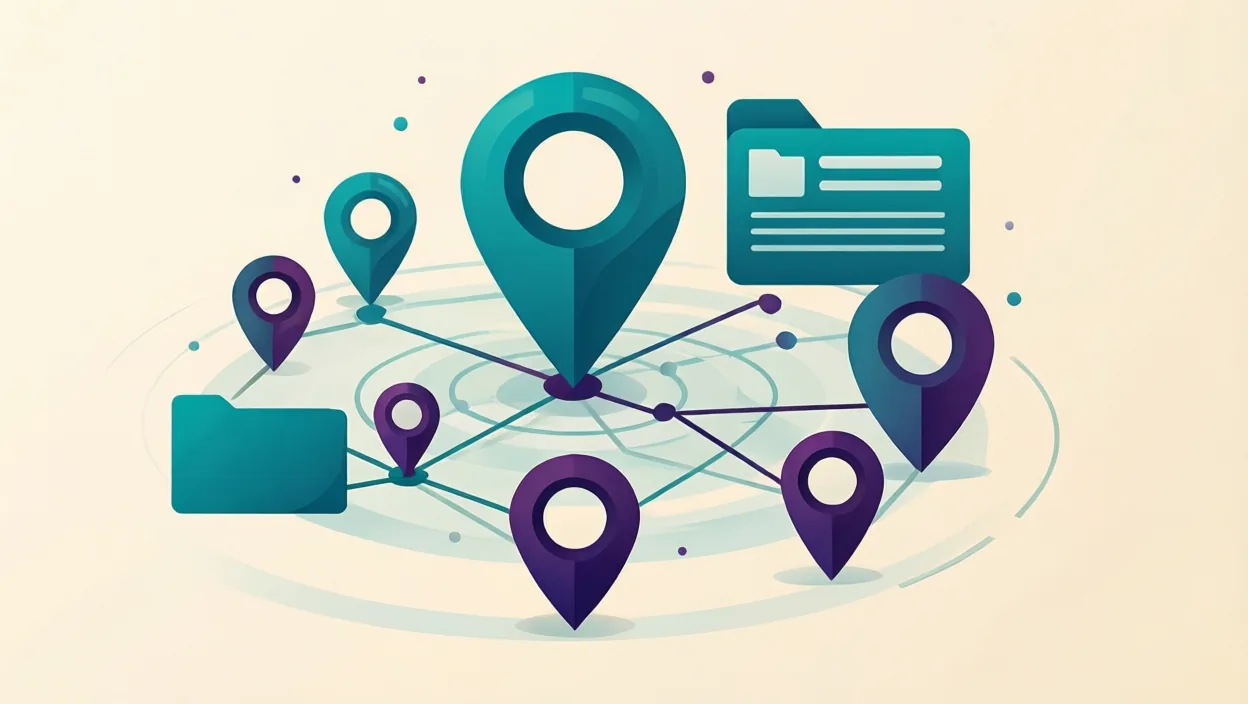 Editorial illustration of a network of connected location pins and directory cards, representing local seo google, in teal and violet on a cream background.