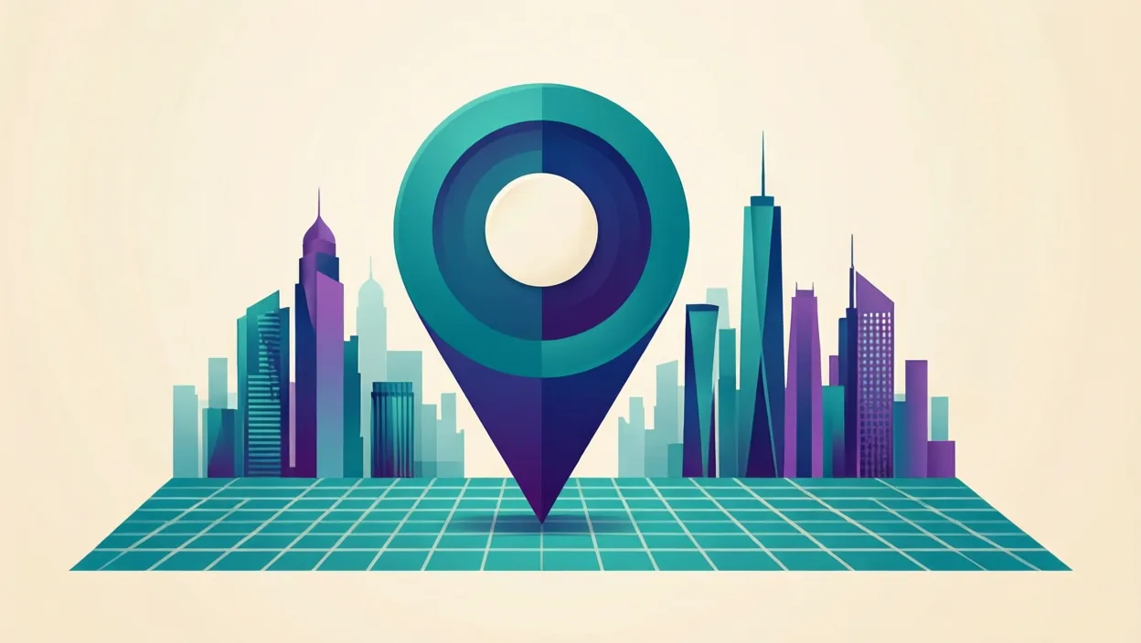 Editorial illustration of a stylised map pin over an abstract Indian city skyline grid, representing local seo india, in teal and violet on a cream background.
