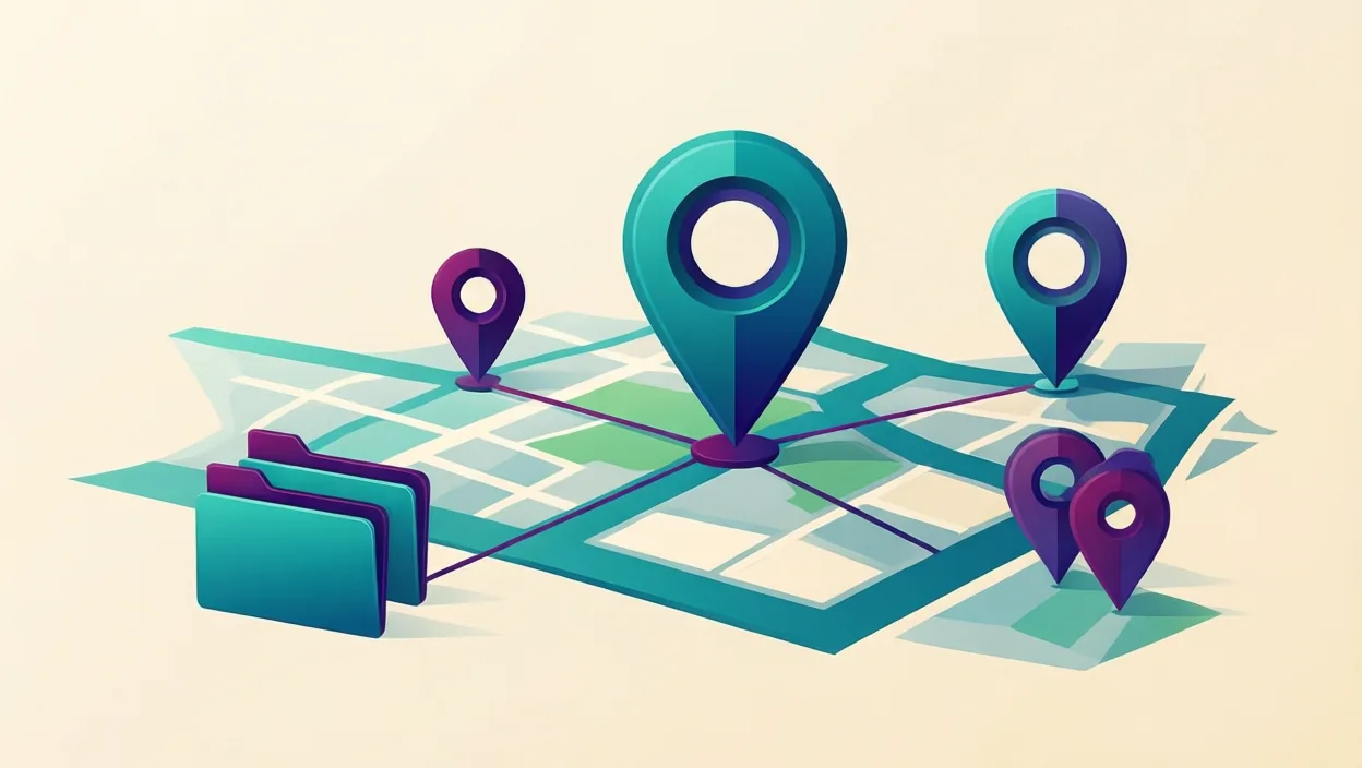 Editorial illustration of a network of connected location pins and directory cards, representing local seo london, in teal and violet on a cream background.