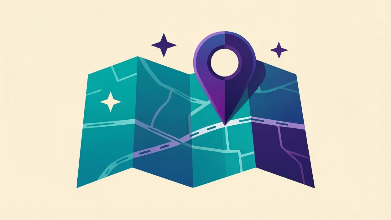Editorial illustration of an abstract map-pack card with a location marker and star motif, representing local seo map pack, in teal and violet on a cream background.