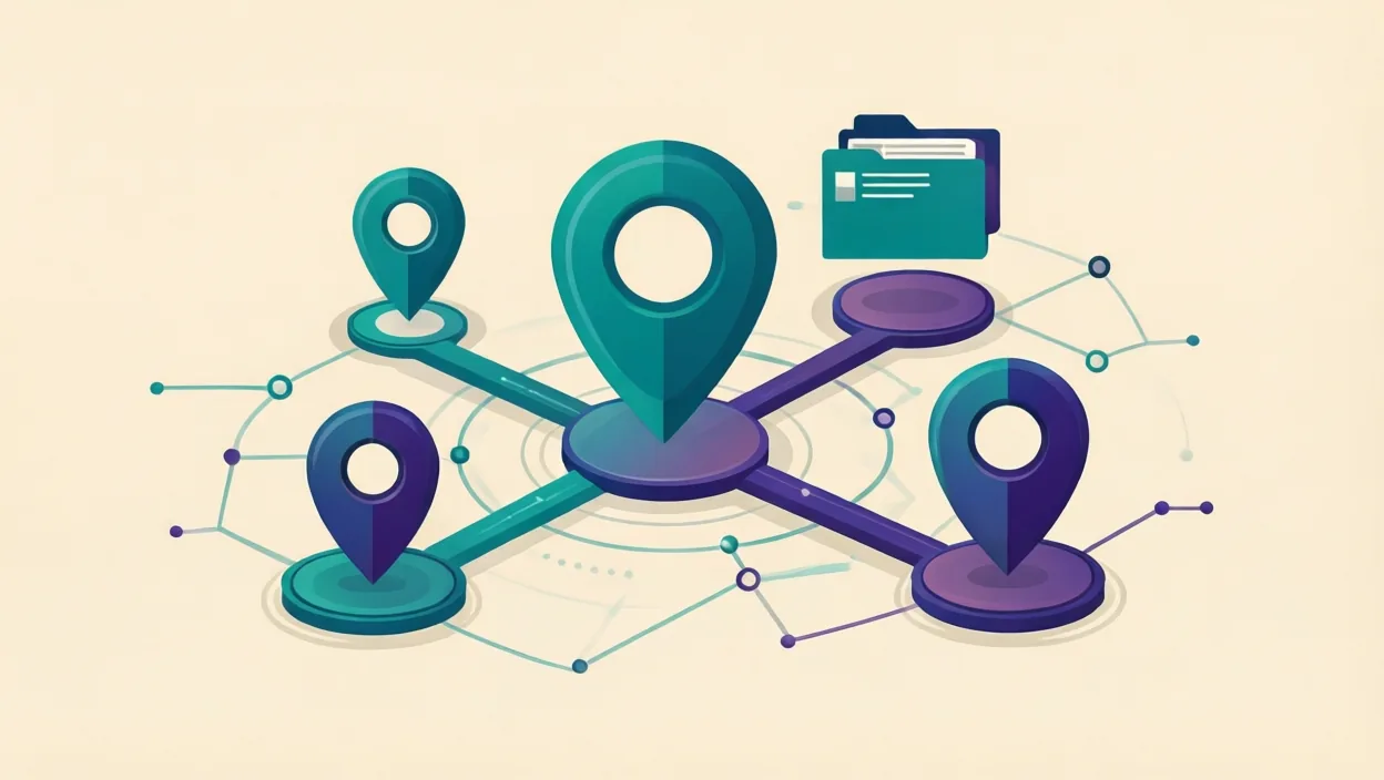 Editorial illustration of a network of connected location pins and directory cards, representing local seo marketing, in teal and violet on a cream background.