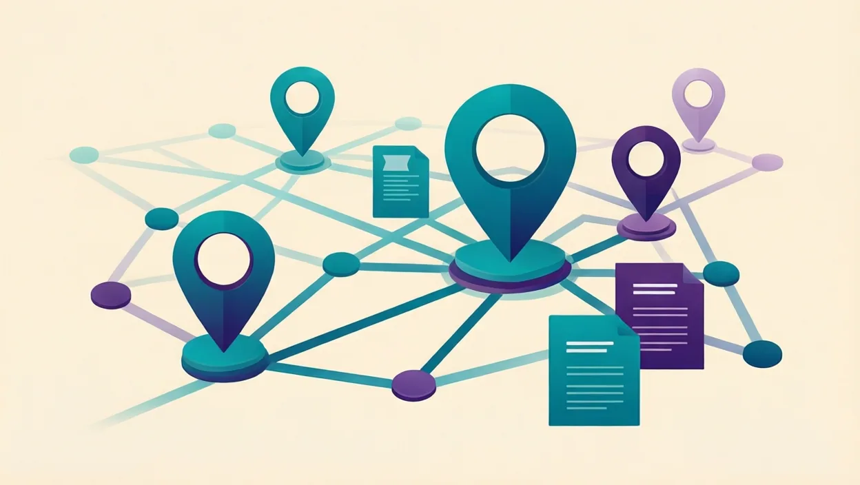 Editorial illustration of a network of connected location pins and directory cards, representing local seo new york, in teal and violet on a cream background.