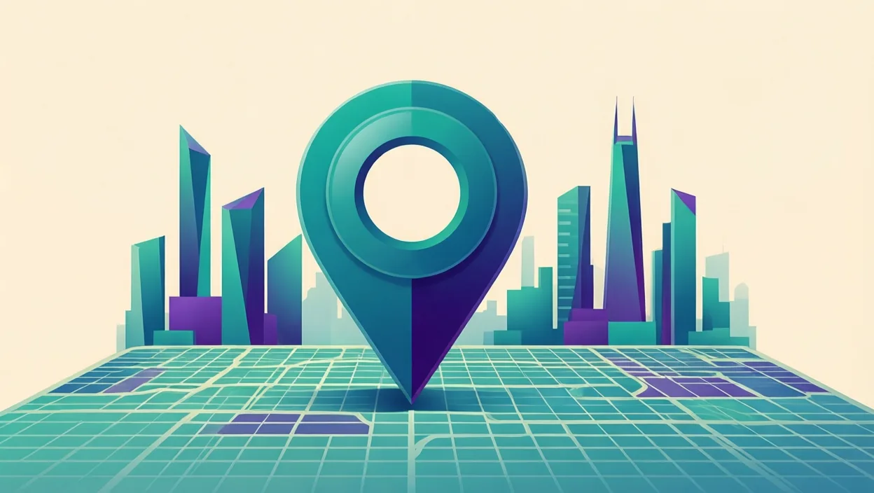 Editorial illustration of a stylised map pin over an abstract Indian city skyline grid, representing local seo packages india, in teal and violet on a cream background.