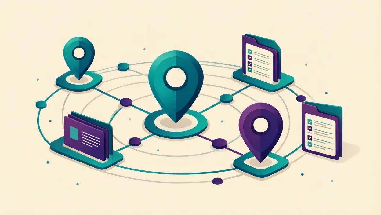 Editorial illustration of a network of connected location pins and directory cards, representing local seo, in teal and violet on a cream background.