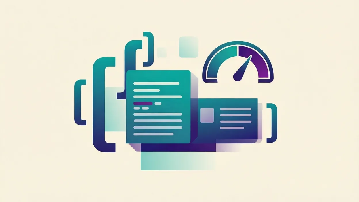 Editorial illustration of clean schema/code brackets and a page-speed gauge motif, representing off page on page seo, in teal and violet on a cream background.