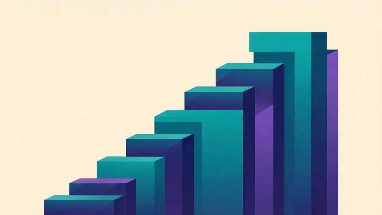 Editorial illustration of layered building blocks forming an upward ranking staircase, representing on-page seo, in teal and violet on a cream background.