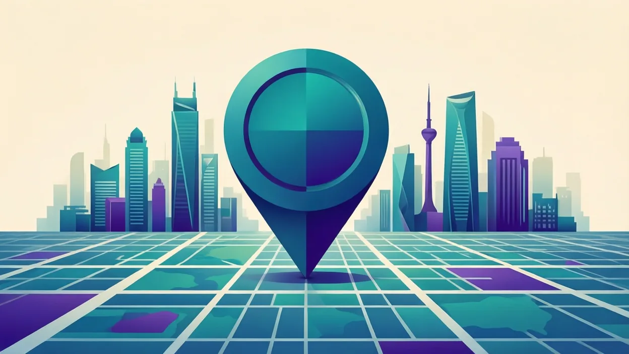 Editorial illustration of a stylised map pin over an abstract Indian city skyline grid, representing organic seo expert in kolkata, in teal and violet on a cream background.