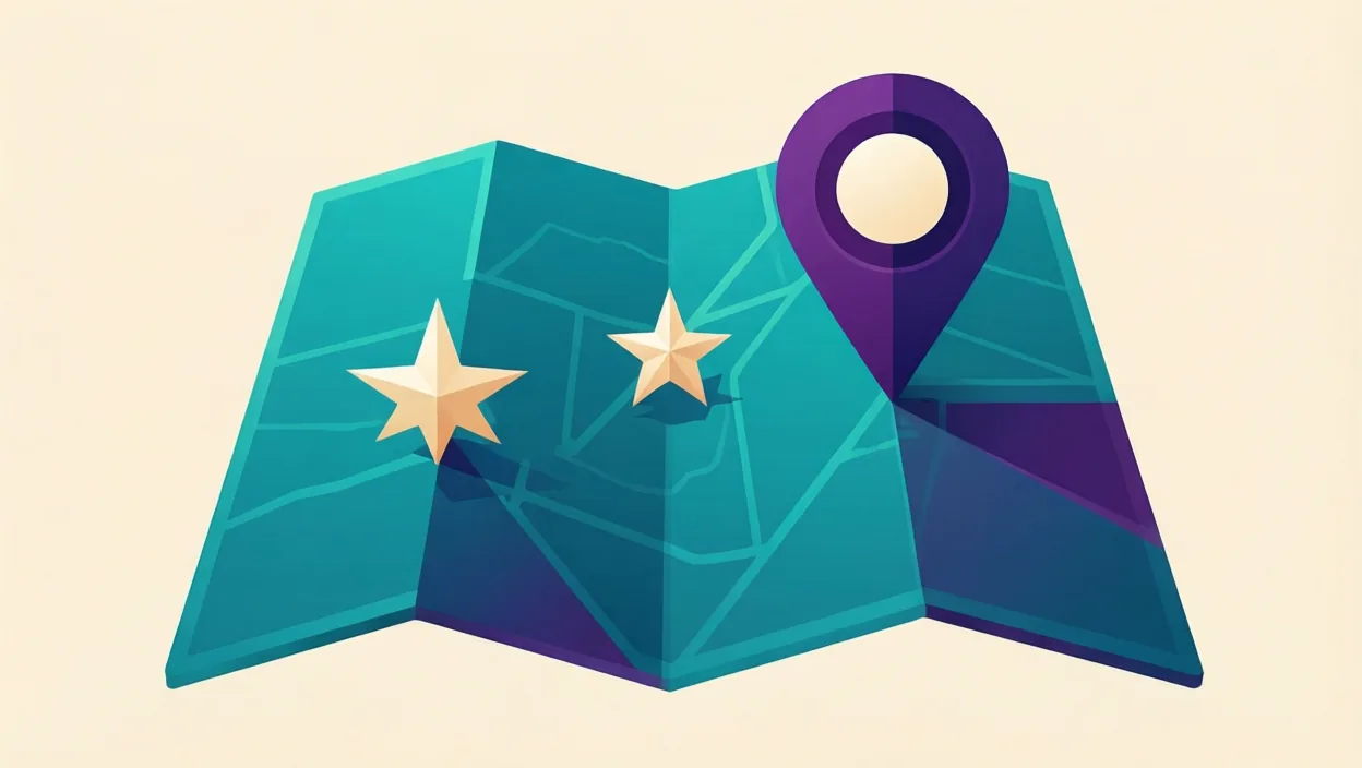 Editorial illustration of an abstract map-pack card with a location marker and star motif, representing rank on google maps, in teal and violet on a cream background.